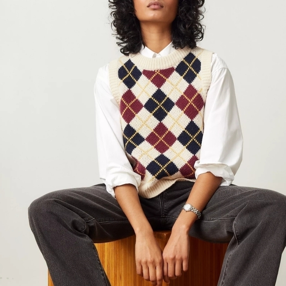 Nwt Levis Collegiate Argyle Andria White Swan Vest Cotton Blend Size Small